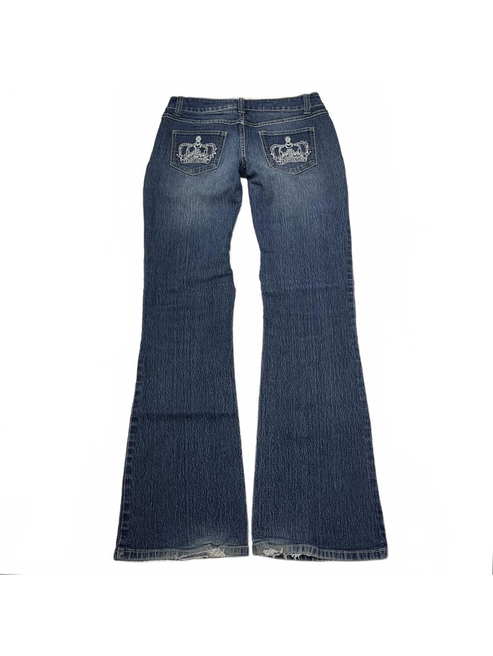 Y2K Candy Couture 7 Blue Low Rise Bootcut Jeans W Crown Bedazzled Back Pockets
